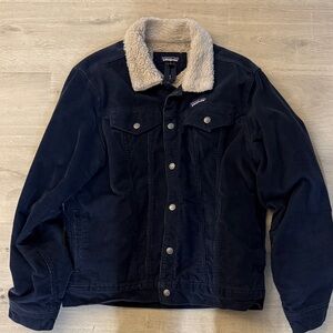 Patagonia Men's Dark Blue Jacket with Faux Fur Collar